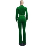 Fall Casual Green Crop Top and Pants 2 Piece Velvet Tracksuit