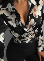 Осенняя сексуальная блузка с запахом и V-образным вырезом с официальным принтом