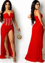Fall Formal Luxury Red Beaded Strap Slit Evening Dress