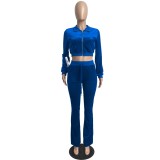 Fall Casual Royal Crop Top and Pants 2 Piece Velvet Tracksuit