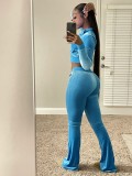 Fall Casual Blue Crop Top and Pants 2 Piece Velvet Tracksuit