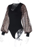Fall Elegant Black V-Neck Sexy Bodysuit with Leopard Sleeves
