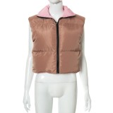 Winter Pink and Brown Sleeveless Zipped Reversible Jacket
