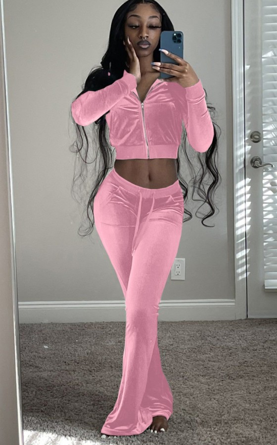 Fall Casual Pink Crop Top and Pants 2 Piece Velvet Tracksuit