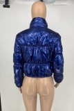 Winter Blue High Neck Zip Up Short Padded Leather Coat