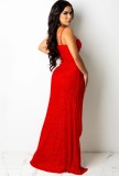 Fall Formal Luxury Red Beaded Strap Slit Evening Dress