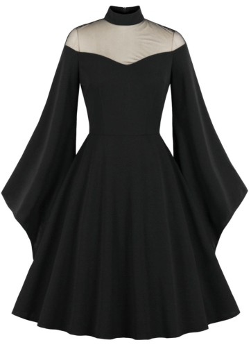 Herbst formales schwarzes Vintage-Abschlussballkleid mit weiten Ärmeln