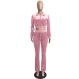 Fall Casual Pink Crop Top and Pants 2 Piece Velvet Tracksuit