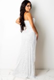 Fall Formal Luxury White Beaded Strap Slit Evening Dress