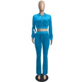Fall Casual Blue Crop Top and Pants 2 Piece Velvet Tracksuit