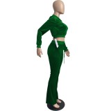 Fall Casual Green Crop Top and Pants 2 Piece Velvet Tracksuit