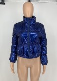 Winter Blue High Neck Zip Up Short Padded Leather Coat