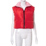 Winter Red and Pink Sleeveless Zipped Reversible Jacket
