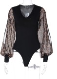 Fall Elegant Black V-Neck Sexy Bodysuit with Leopard Sleeves
