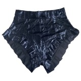 Fall Party Sexy Black Leather High Waist Ruffle Shorts