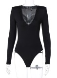 Fall Elegant Black Deep-V Sexy Long Sleeve Bodysuit