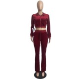 Fall Casual Burgunry Crop Top and Pants 2 Piece Velvet Tracksuit