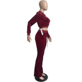 Fall Casual Burgunry Crop Top and Pants 2 Piece Velvet Tracksuit