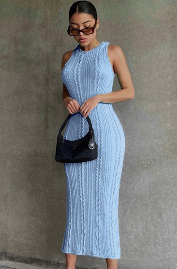 Fall Elegant Sleeveless Blue Knitting Midi Dress