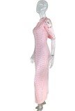 Fall Luxury Pink Beaded Cut Out Shoulder Front Slit Evening Dress