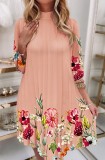 Fall Elegant Pink Floral Pleated Casual Short Dress