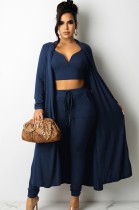 Fall Blue Knit Crop Top and Pants with Matching Cardigans 3 Piece Set