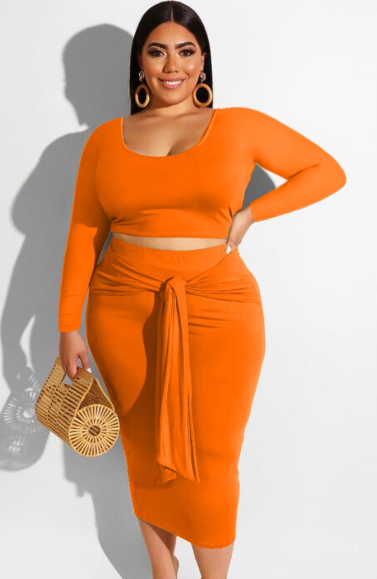 Wholesale Fall Plus Size Orange Crop Top and Midi Skirt Set