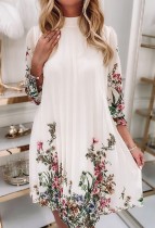 Fall Elegant White Floral Pleated Casual Short Dress