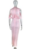 Fall Luxury Pink Beaded Cut Out Shoulder Front Slit Evening Dress