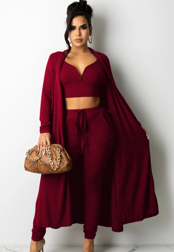 Fall Burgunry Knit Crop Top and Pants with Matching Cardigans 3 Piece Set