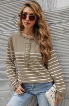 Autumn Kahaki Stripe Ruffled Collar Long Sleeve Sweater