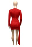 Autumn Sexy Red Hollow out Sequin Long Sleeve Midi Dress