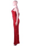 Summer Sexy Red One shoulder Hollow out Sleeveless Sequin Long Dress