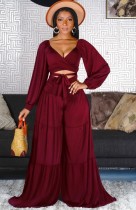 Conjunto Outono Sexy Vermelho com Decote em V Wasit com Gravata Corte de Manga Longa e Calça Solta