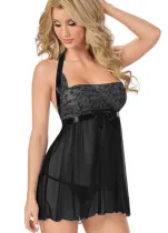 Sexy Black Lace with Bow-Tie Babydoll Lingerie