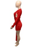Autumn Sexy Red Hollow out Sequin Long Sleeve Midi Dress