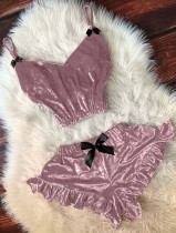 Sexy Lt-Purple Straps Vest and Ruffles Shorts Pajama set