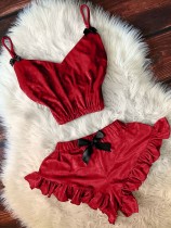 Sexy rote Träger-Weste und Rüschen-Shorts-Pyjama-Set