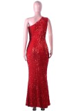 Summer Sexy Red One shoulder Hollow out Sleeveless Sequin Long Dress