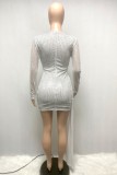 Autumn Sexy White Hollow out Sequin Long Sleeve Midi Dress