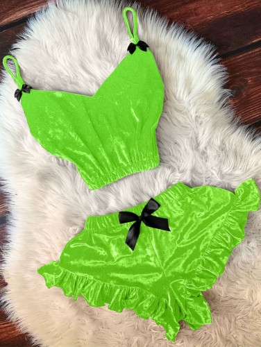 Sexy Green Straps Vest and Ruffles Shorts Pajama set