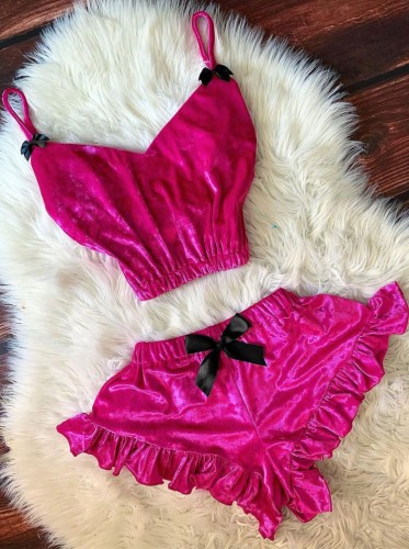 Sexy Pink Straps Vest and Ruffles Shorts Pajama set