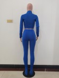 Autumn Blue Long Sleeve Zip Crop Top and Slim Pants Set