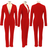 Autumn Red Long Sleeve Zip Up Skinney Jumpsuit