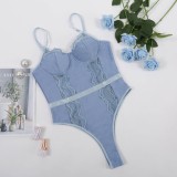 Summer Sexy Light Blue Lace Patchwork Strap Teddy Lingerie