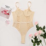 Summer Sexy Apricot Lace Patchwork Strap Teddy Lingerie