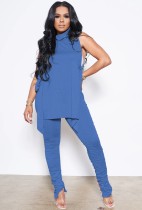 Autumn Caual Blue High Neck Sleeveless Top and Slim Ruched Pants Set