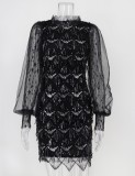 Autumn Elegant Black Sequins Tassels Long Sleeve Party Dress