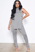 Autumn Caual Gray High Neck Sleeveless Top and Slim Ruched Pants Set