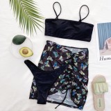 Summer Black Straps Two Piece Swimsuit and Butteryfly Print Skirt Set